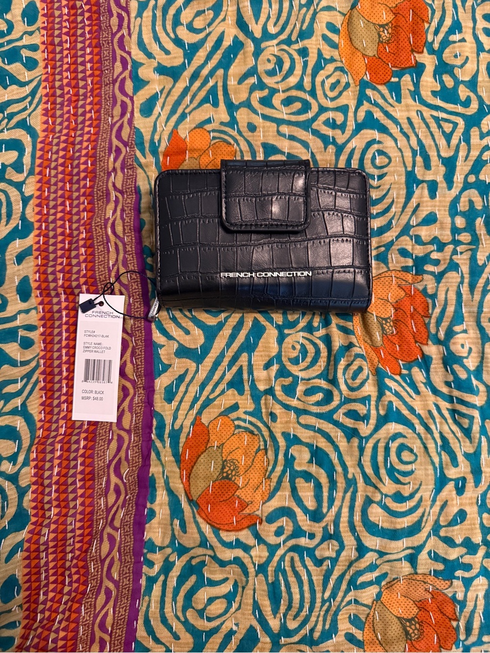 French Connection Black Croc-Embossed Card Holder Wallet